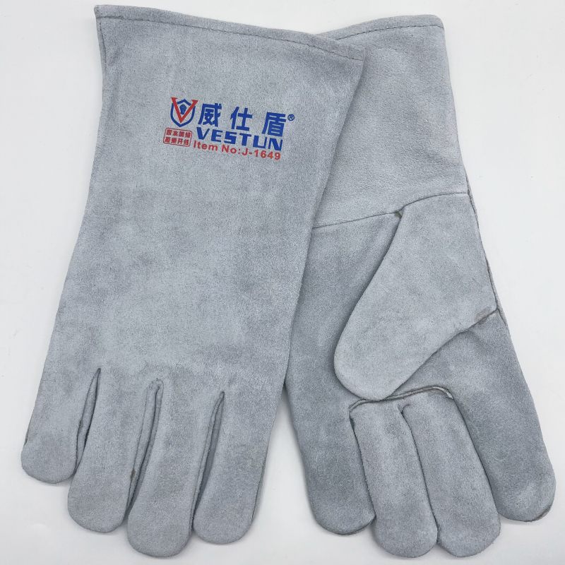 J-1649 本色牛二層膠水填縫雙層電焊手套34cm